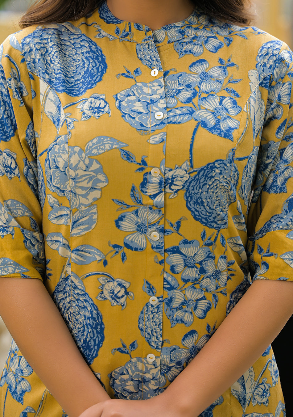 Mustard bloom Rollup Sleeves A-Line Top