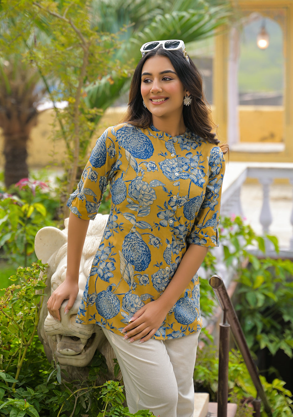 Mustard bloom Rollup Sleeves A-Line Top