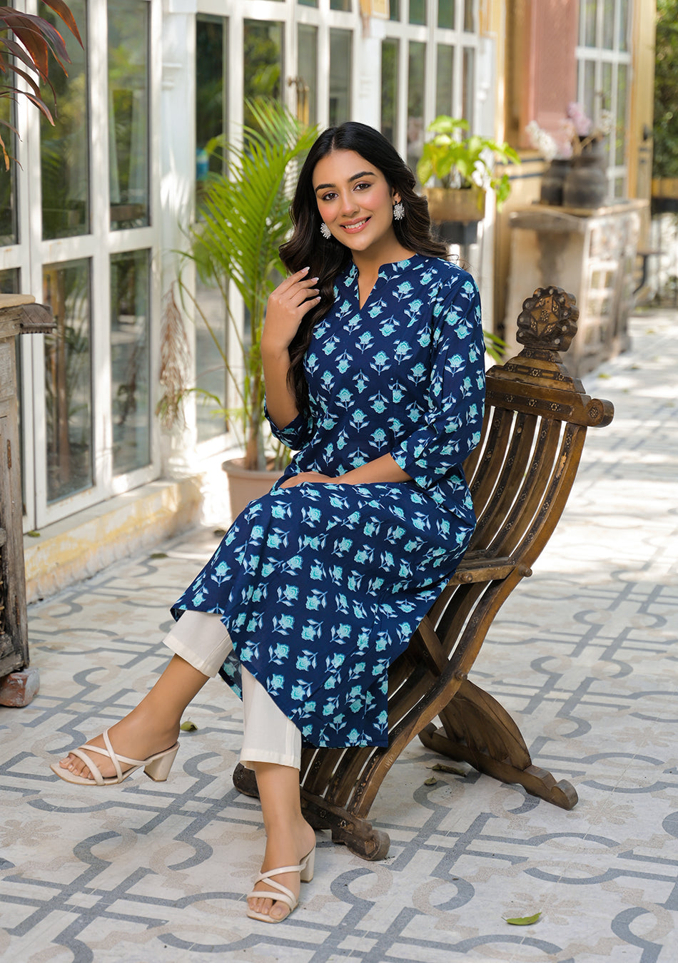 Teal Flower A-Line Kurta