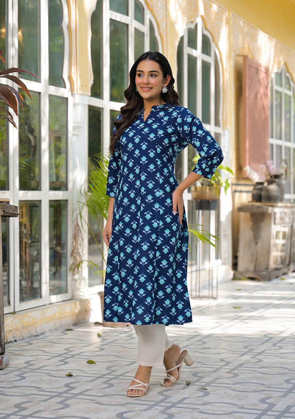 Teal Flower A-Line Kurta