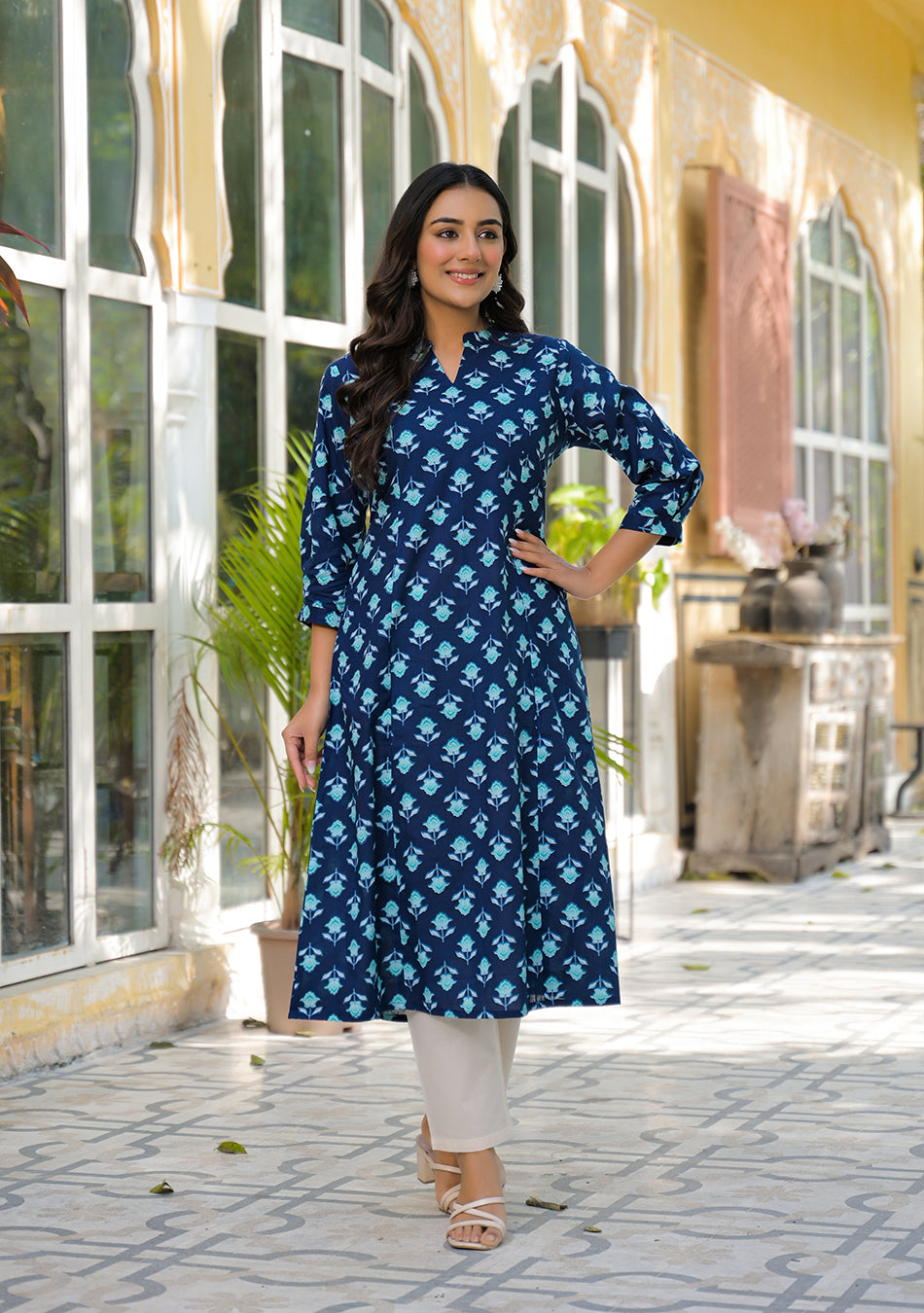 Teal Flower A-Line Kurta