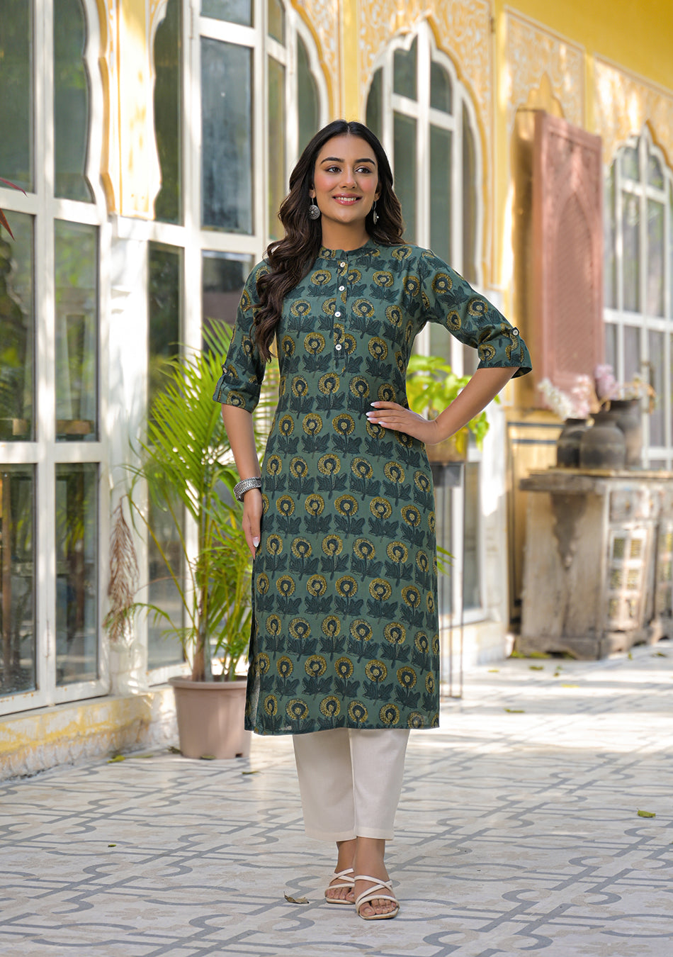 Aravalii Teal Mustard Floral Buta Kurta