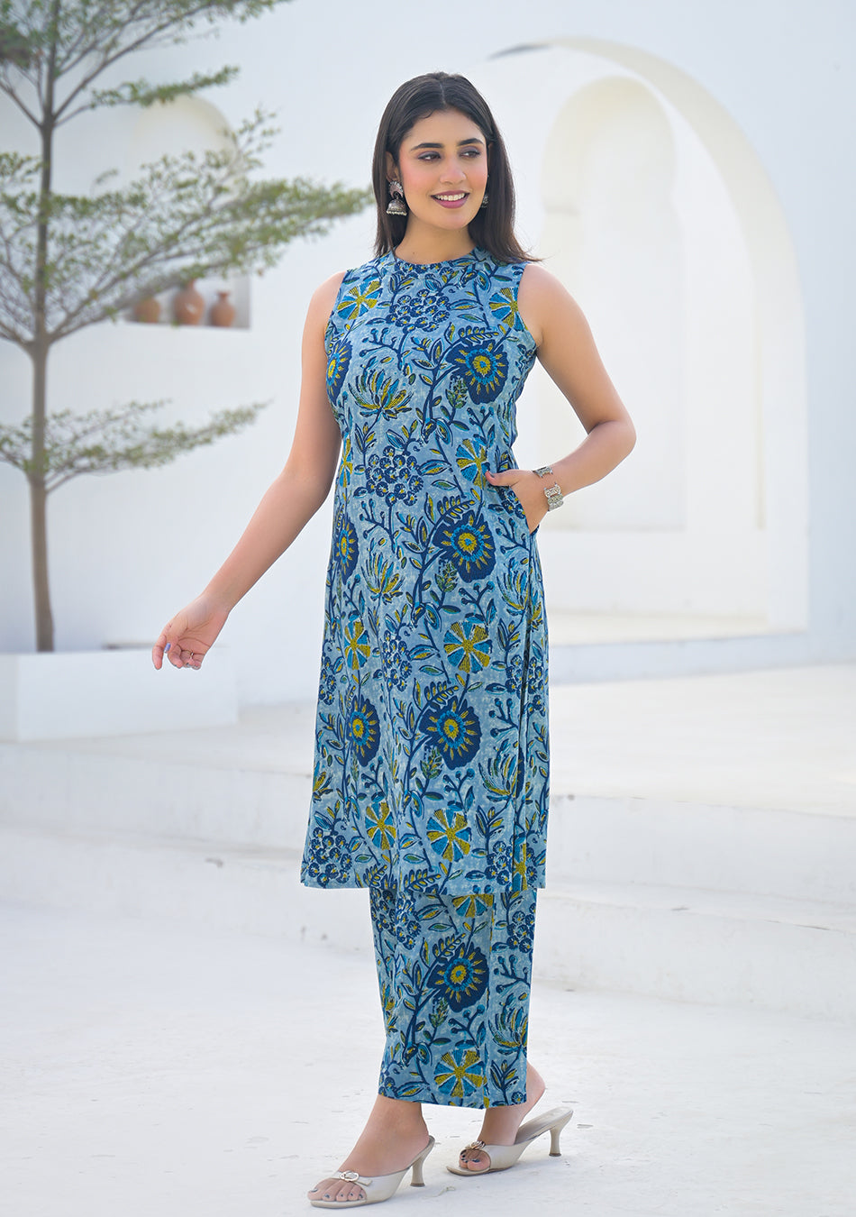 Aravalii Powder Blue Floral Vine Summer Co-ord Set