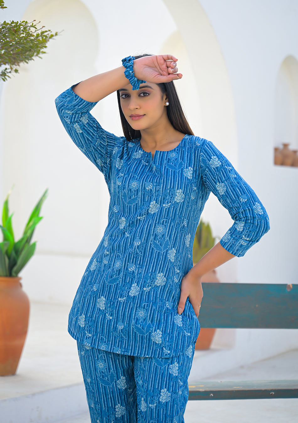 Aravalii Blue Meadow Stripe Night Suit