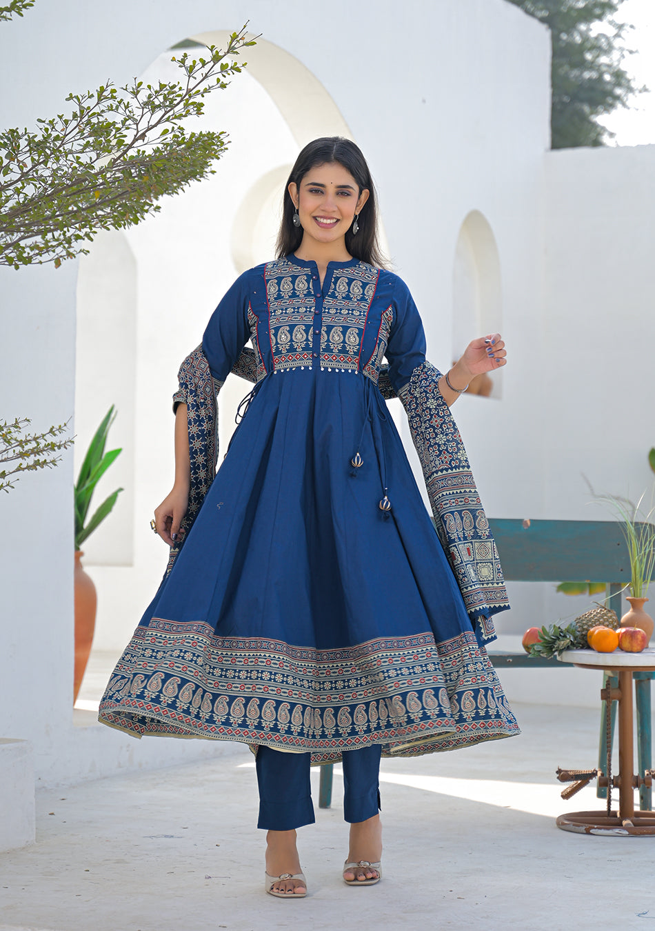 Blue Paisley Printed Cotton Anarkali Kurta Pant Set With Dupatta