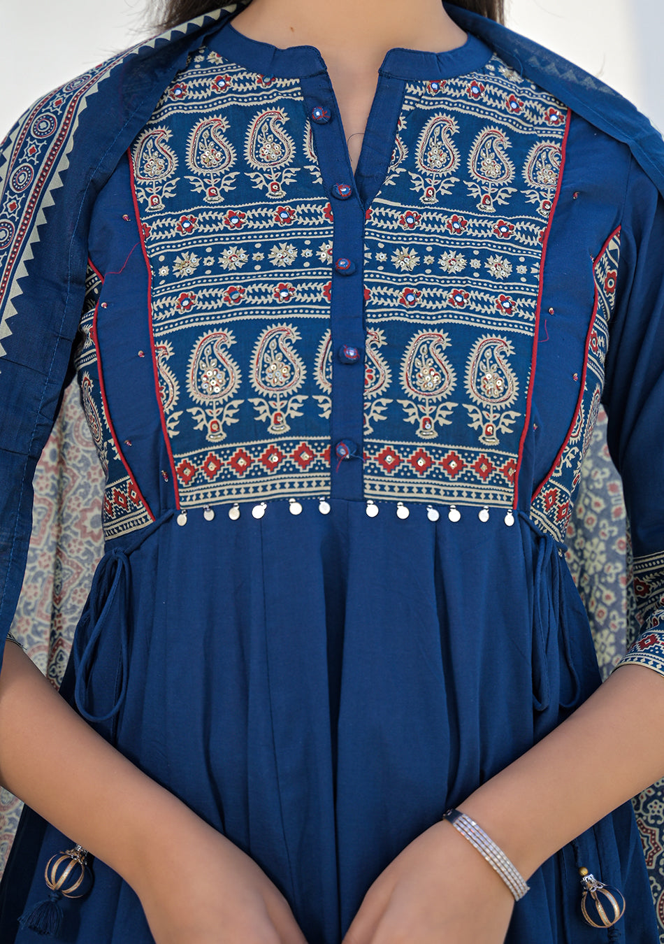 Blue Paisley Printed Cotton Anarkali Kurta Pant Set With Dupatta