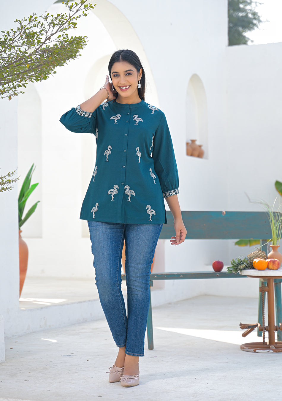 Aravalii Teal Flamingo Embroidered Cotton Flex Top