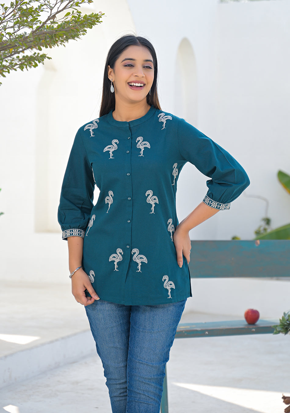 Aravalii Teal Flamingo Embroidered Cotton Flex Top