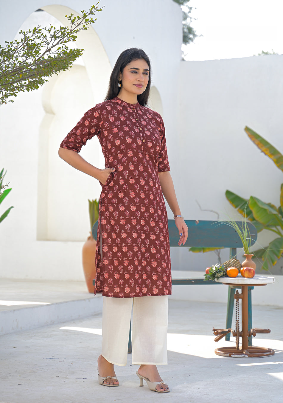 Aravalii Wine Rust Mini Floral Kurta