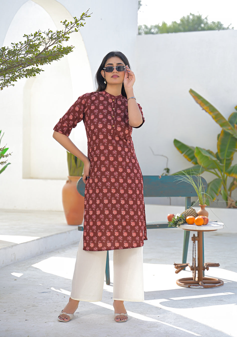 Aravalii Wine Rust Mini Floral Kurta