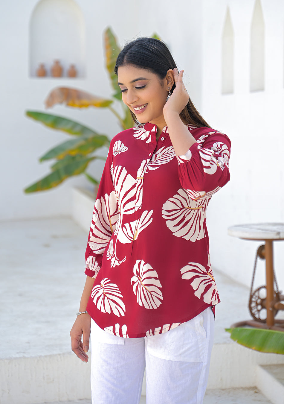 Aravalii Wine Tropical Leaf Print Top