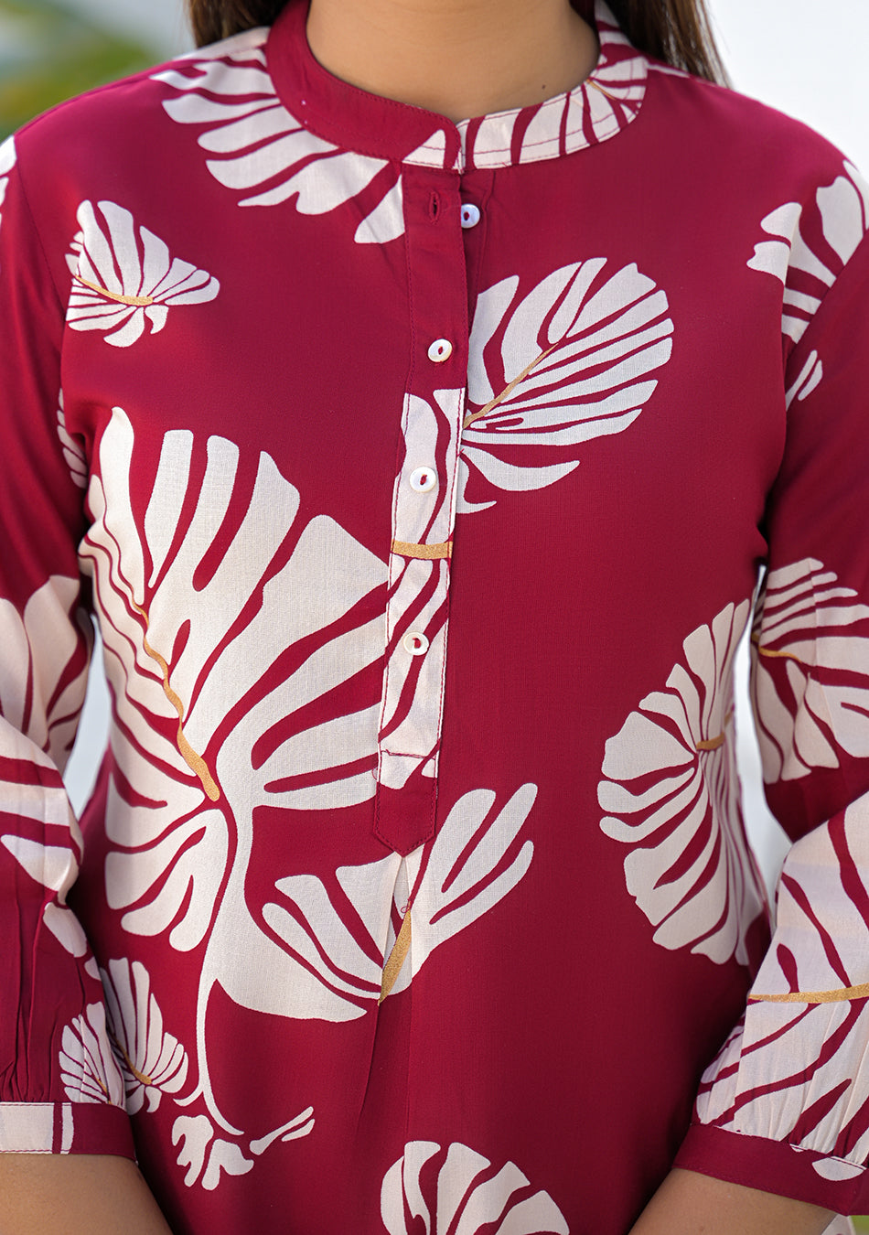 Aravalii Wine Tropical Leaf Print Top