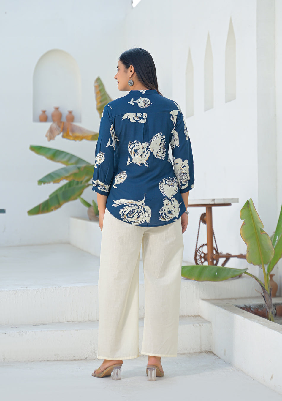 Aravalii Deep Teal Botanical Print Top