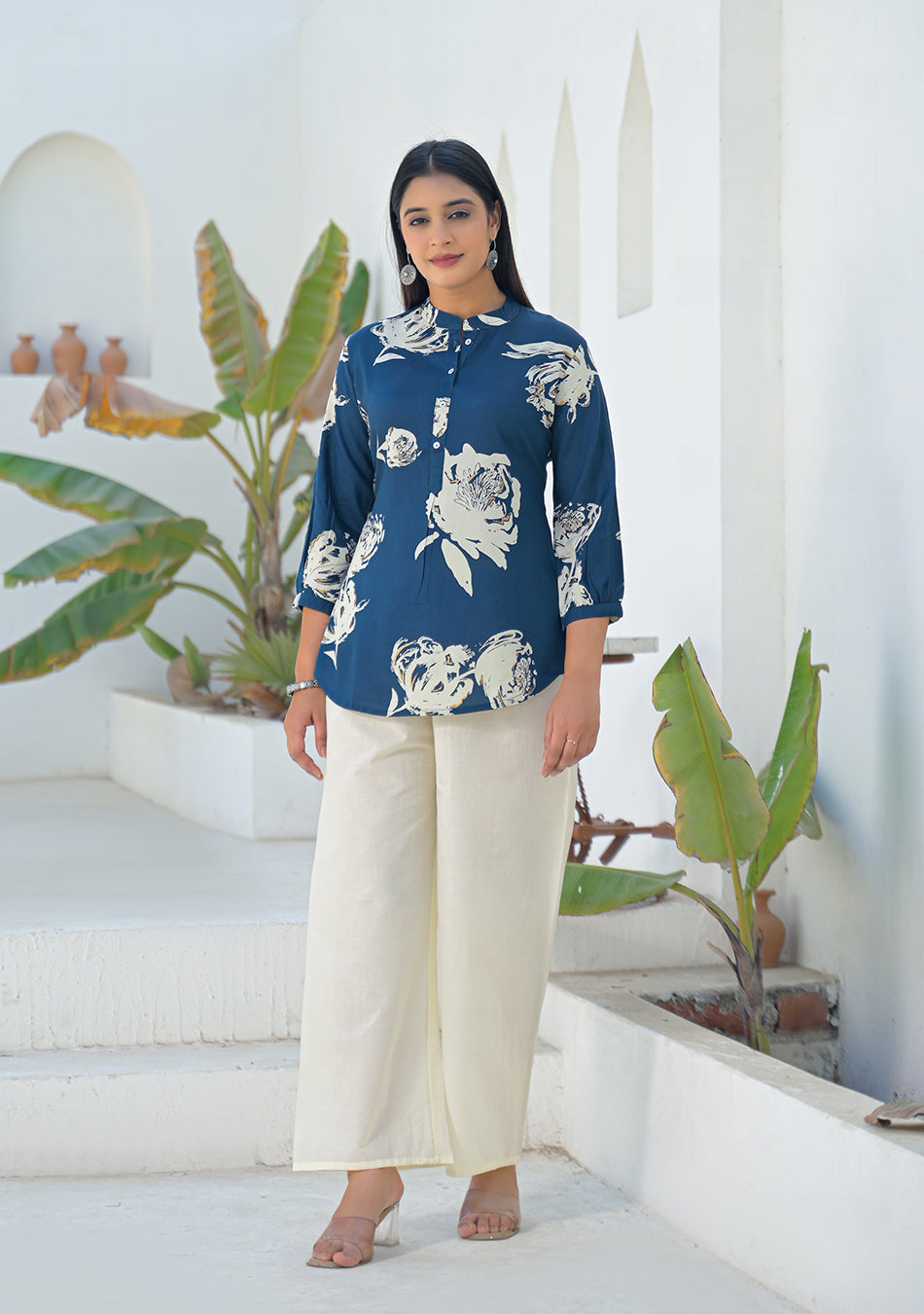Aravalii Deep Teal Botanical Print Top