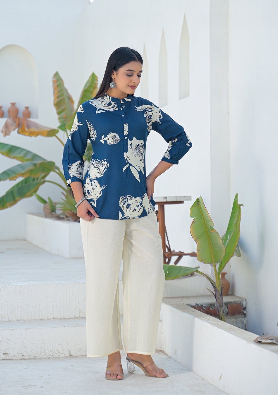 Aravalii Deep Teal Botanical Print Top