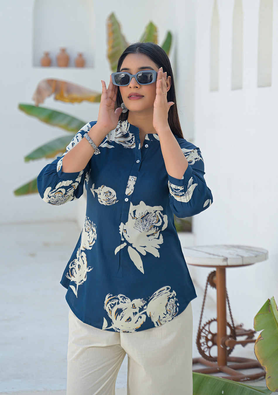 Aravalii Deep Teal Botanical Print Top