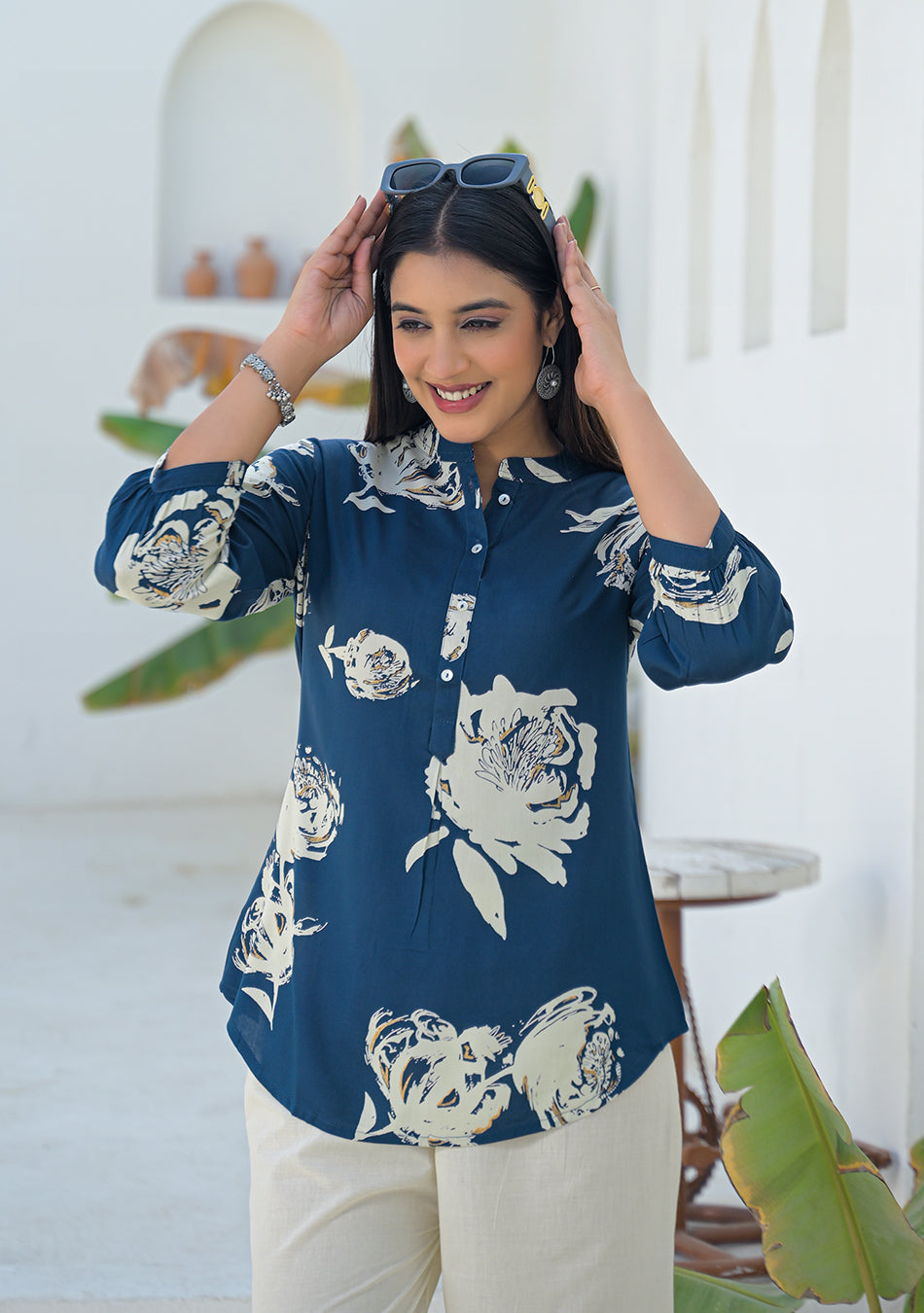 Aravalii Deep Teal Botanical Print Top