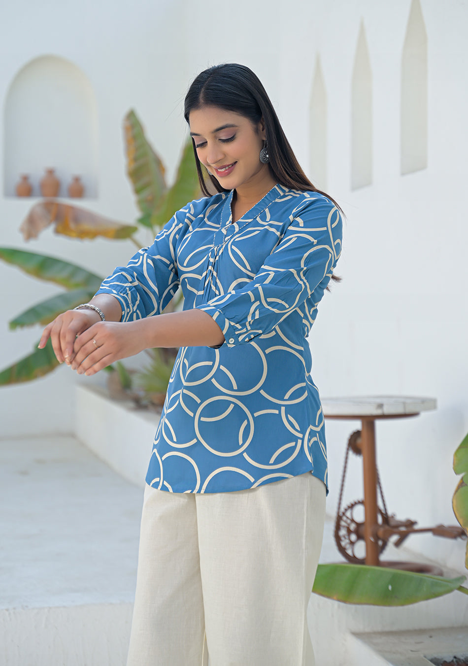 Aravalii Steel Blue Geometric Ring printed Top