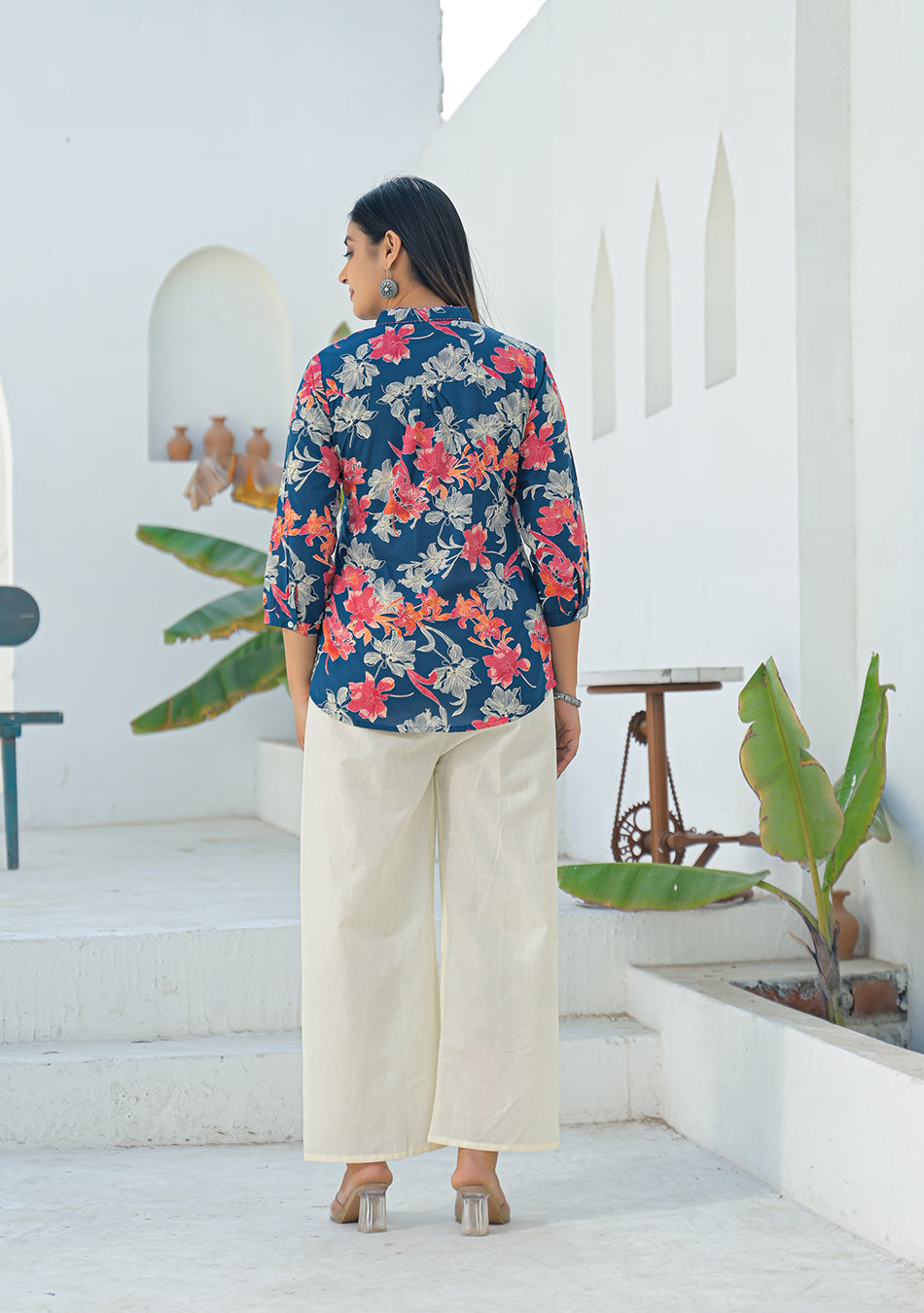 Aravalii Navy Coral Pleated Top