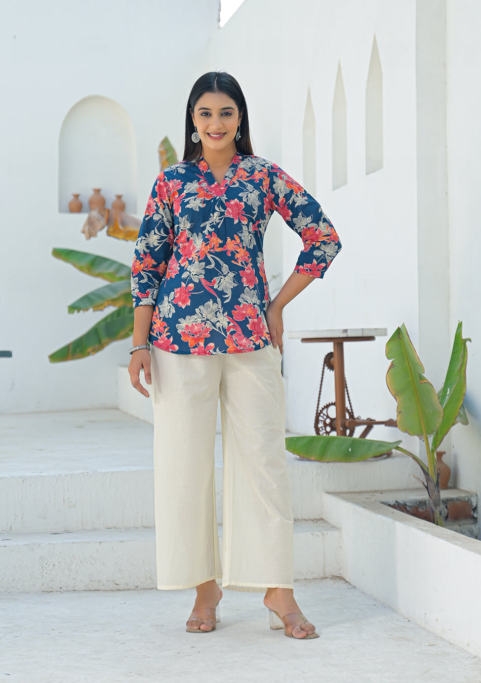 Aravalii Navy Coral Pleated Top