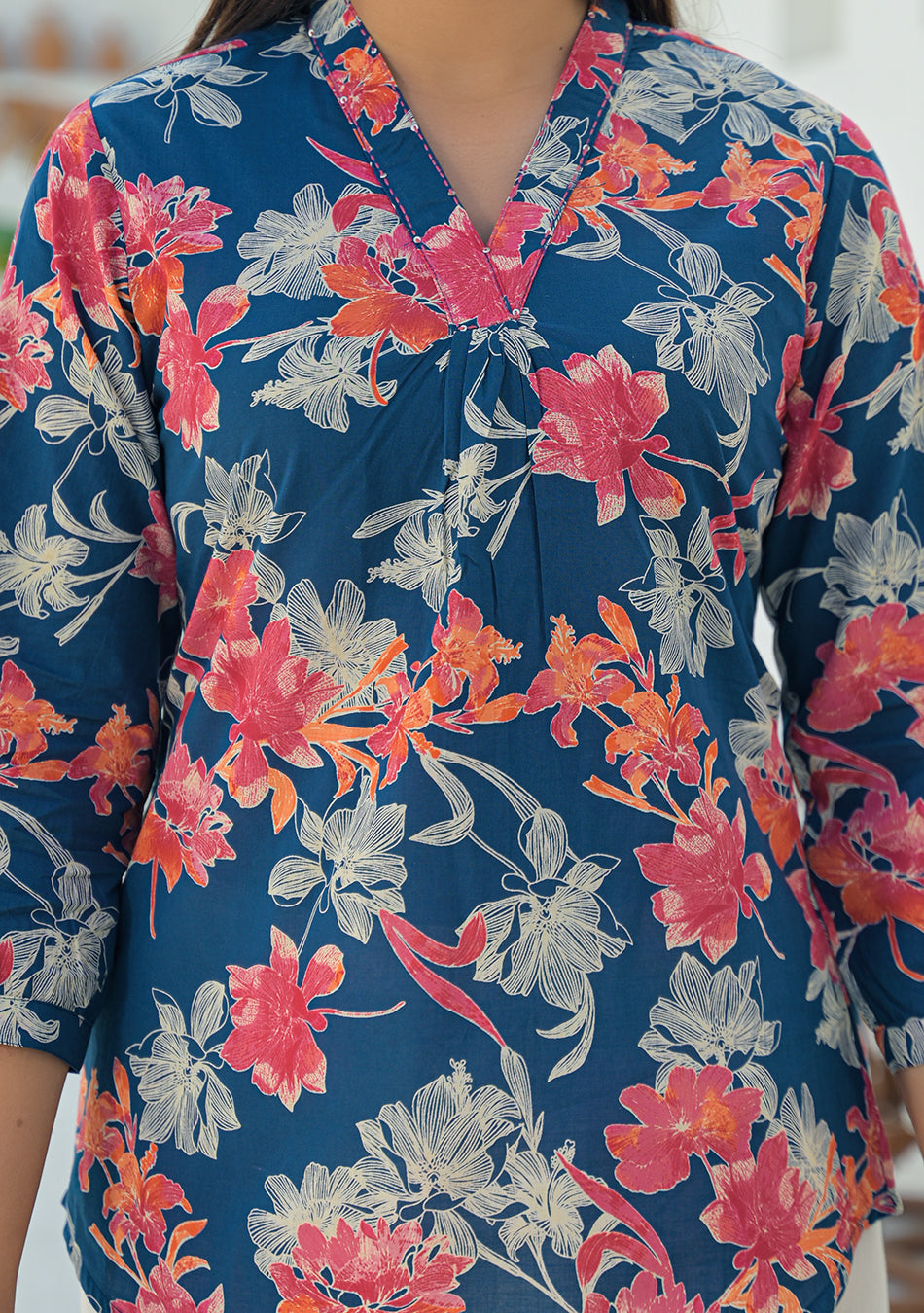 Aravalii Navy Coral Pleated Top