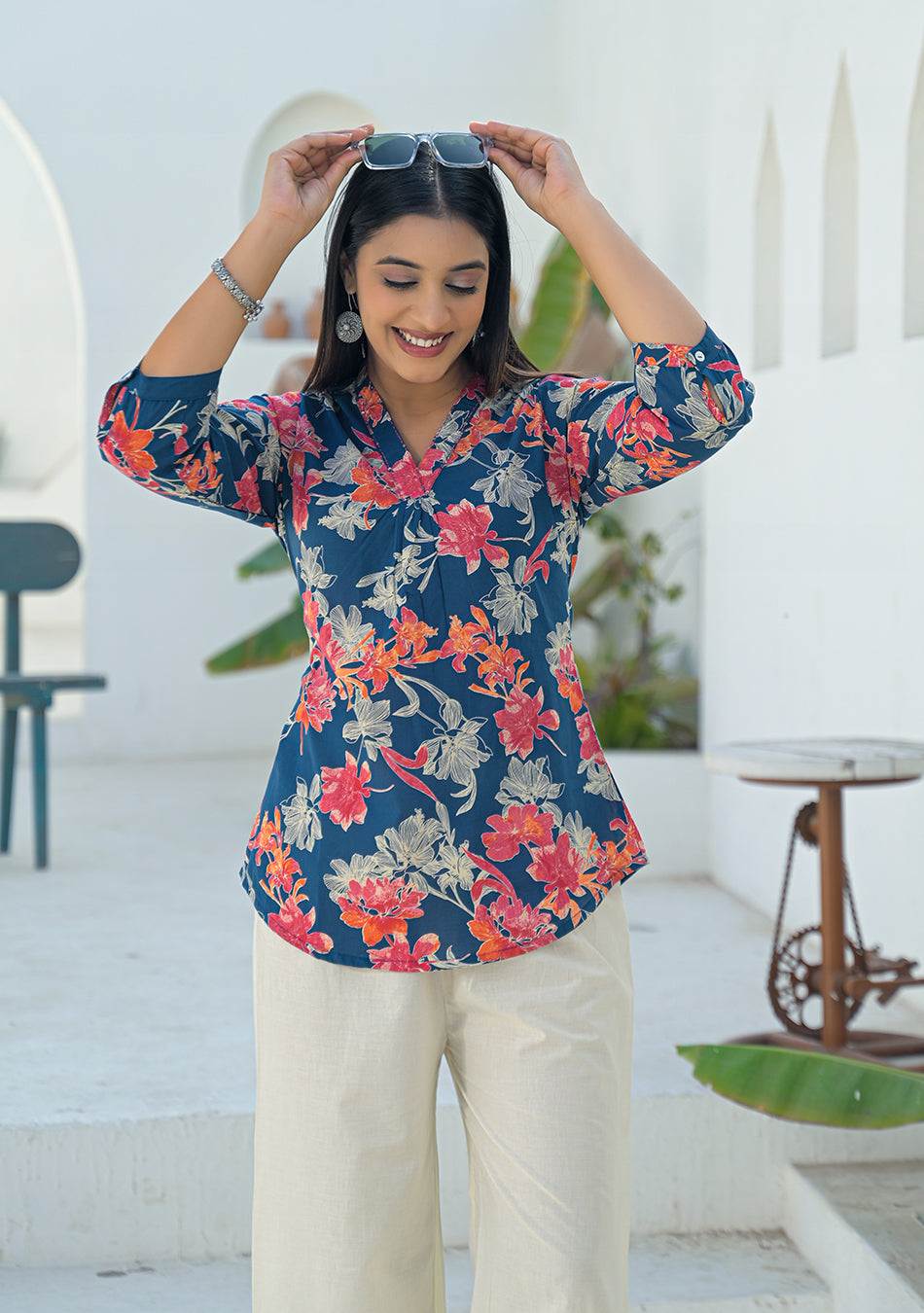 Aravalii Navy Coral Pleated Top