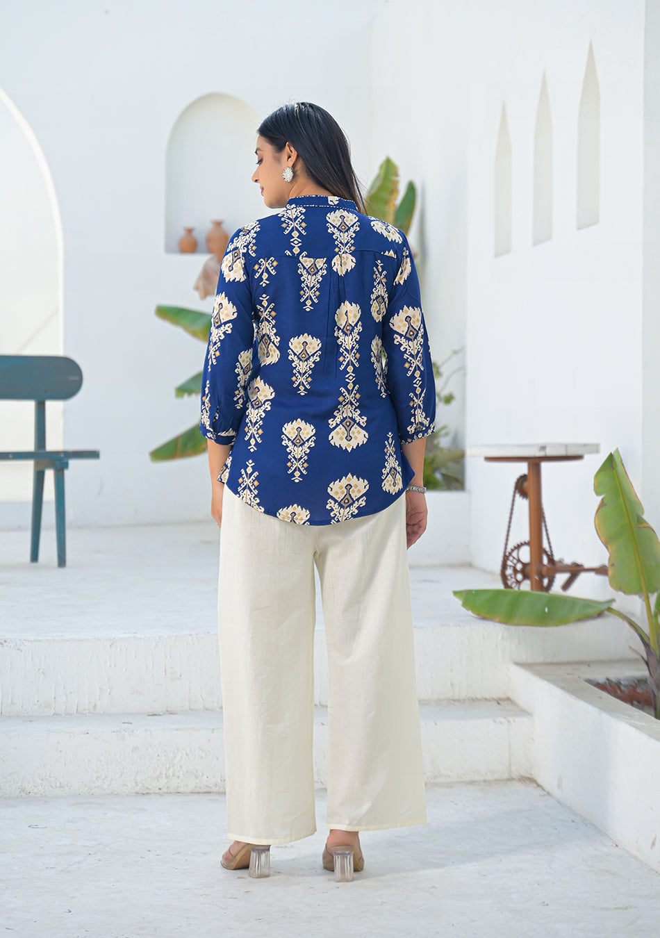 Aravalii Navy Ikkat motif pleated Top