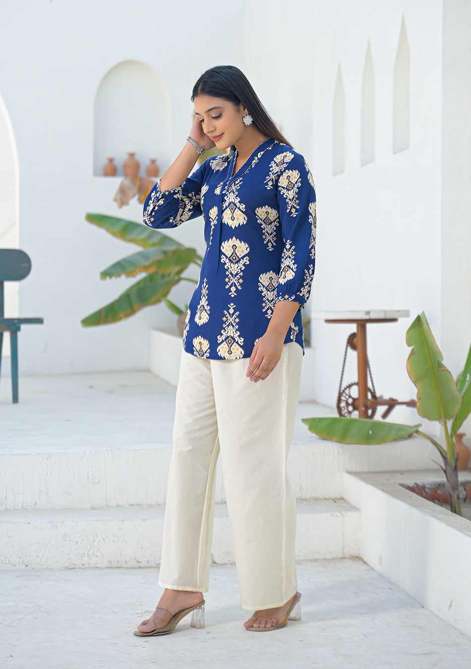 Aravalii Navy Ikkat motif pleated Top