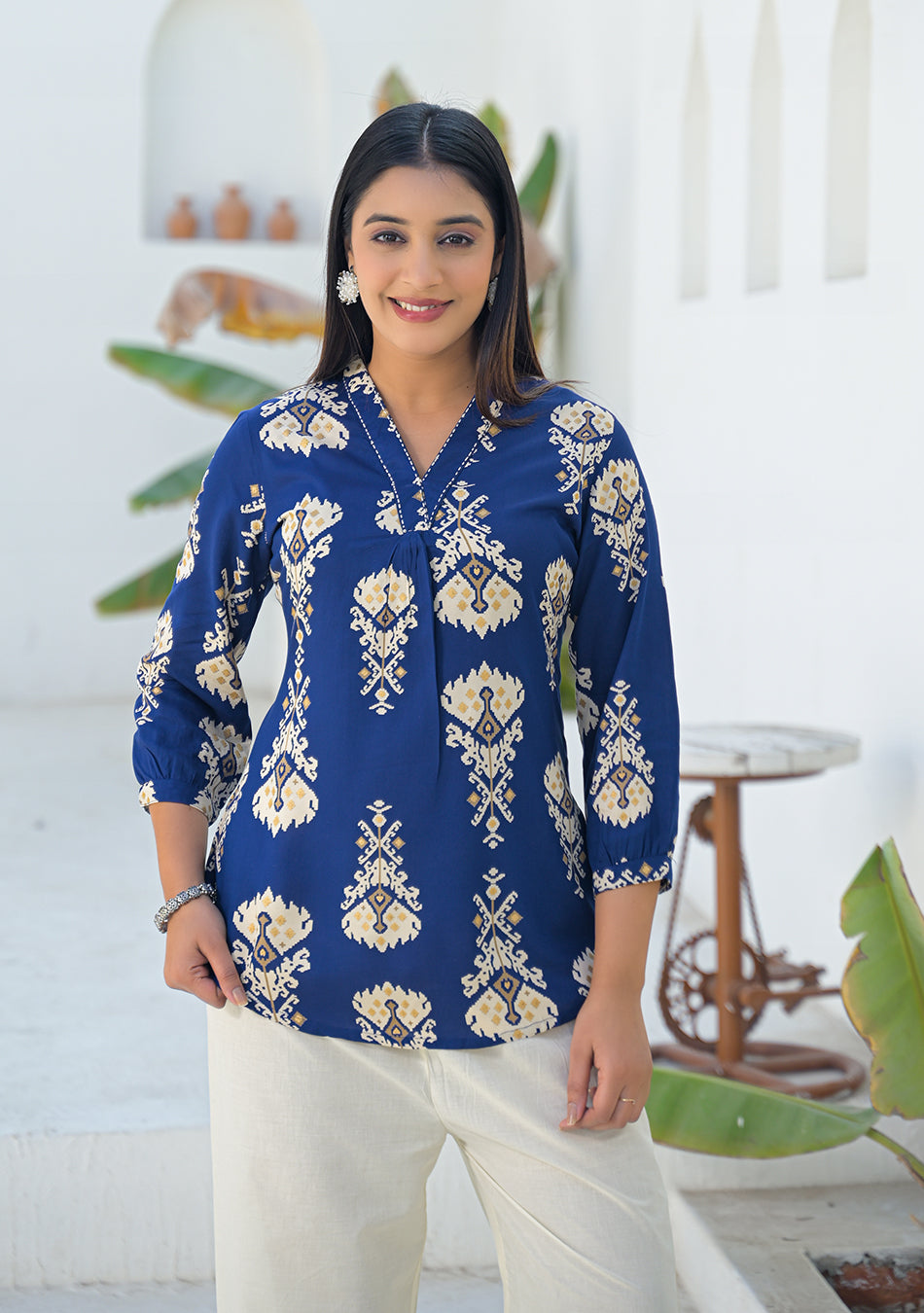 Aravalii Navy Ikkat motif pleated Top