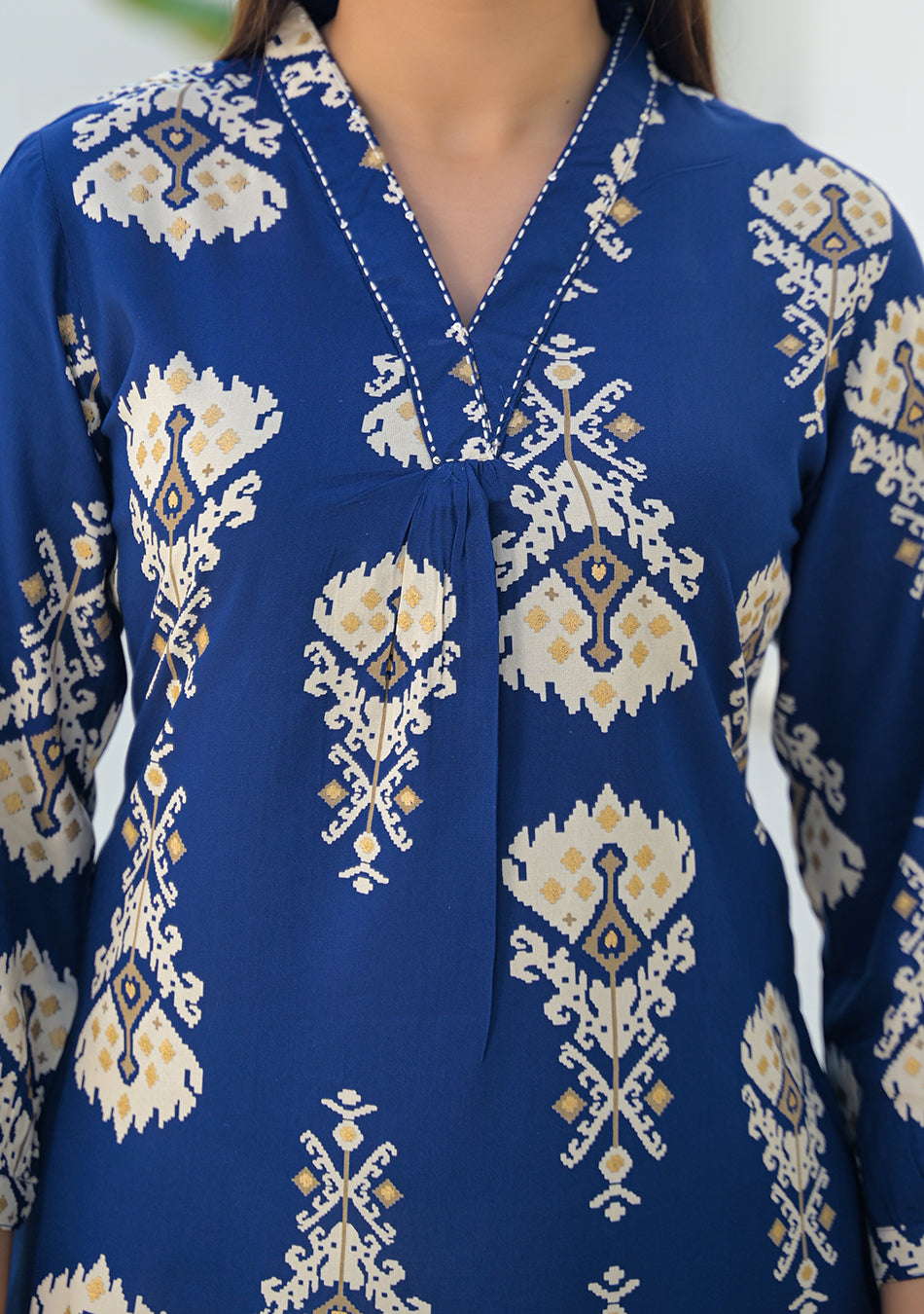 Aravalii Navy Ikkat motif pleated Top