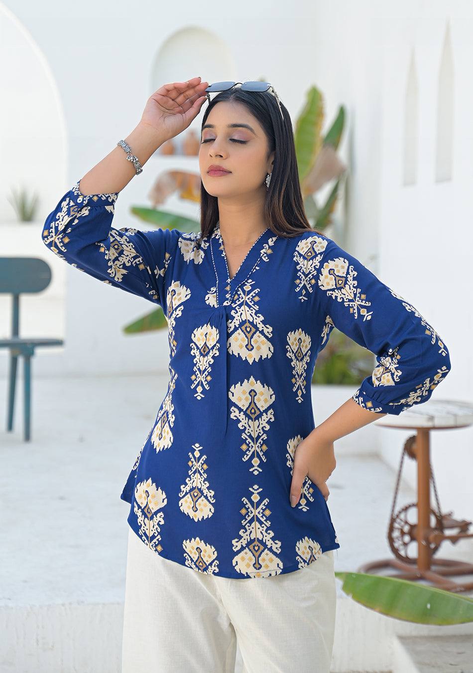 Aravalii Navy Ikkat motif pleated Top