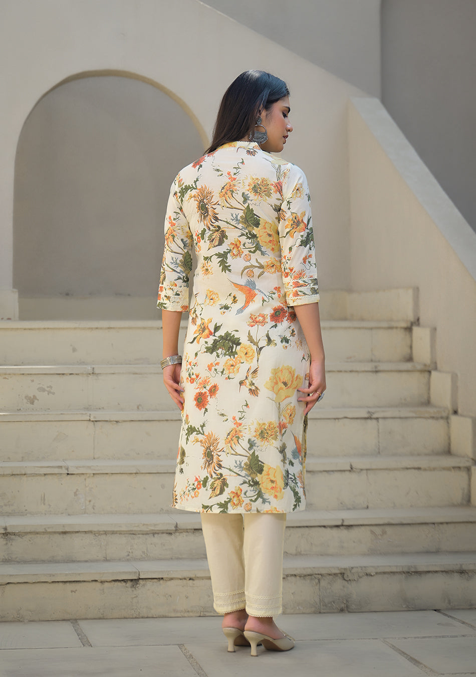 Cream Floral Printed Straight Cotton Kurta Set