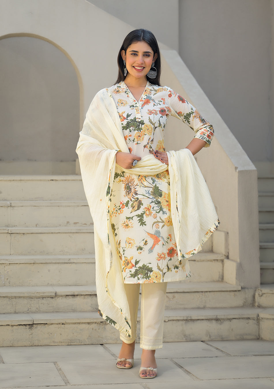 Cream Floral Printed Straight Cotton Kurta Set