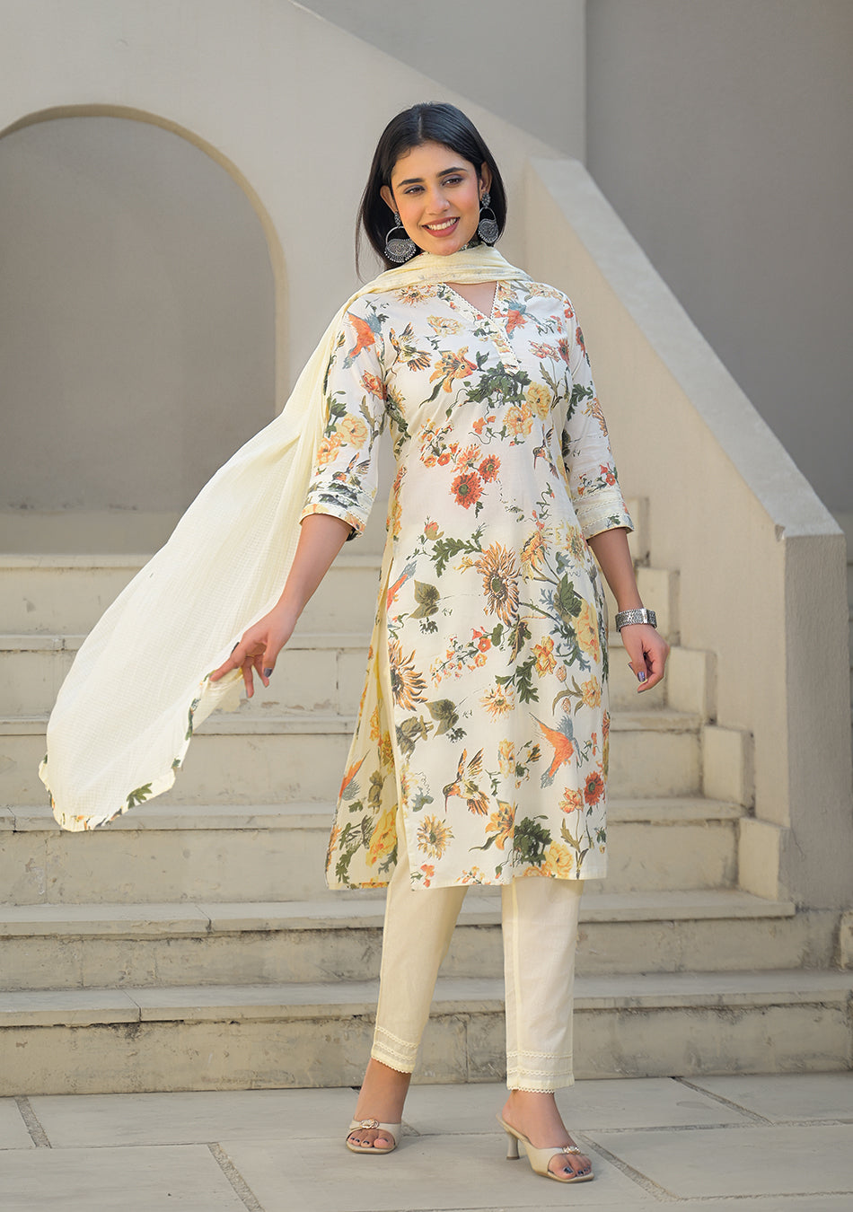 Cream Floral Printed Straight Cotton Kurta Set