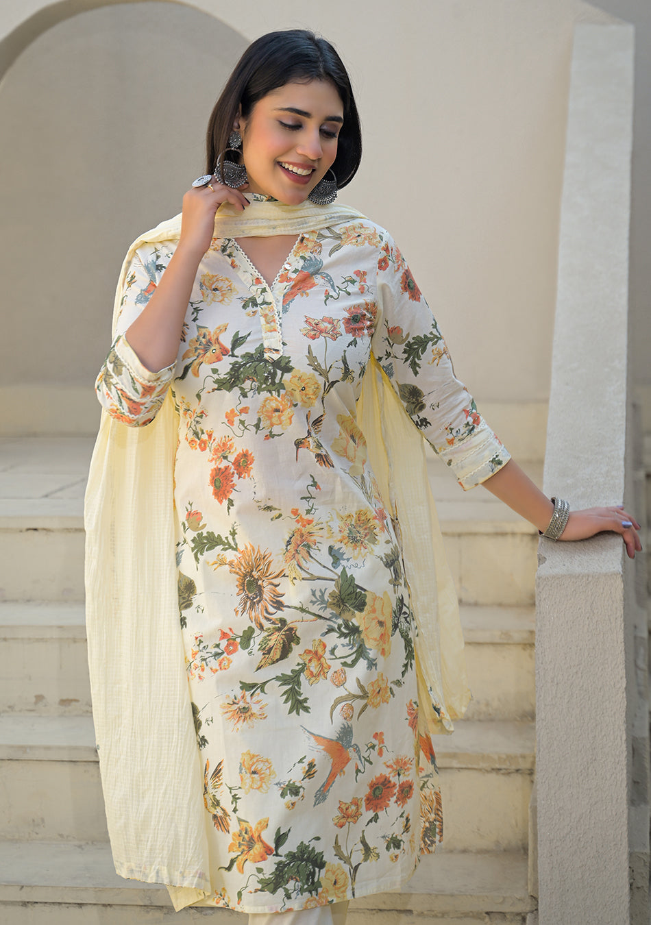 Cream Floral Printed Straight Cotton Kurta Set