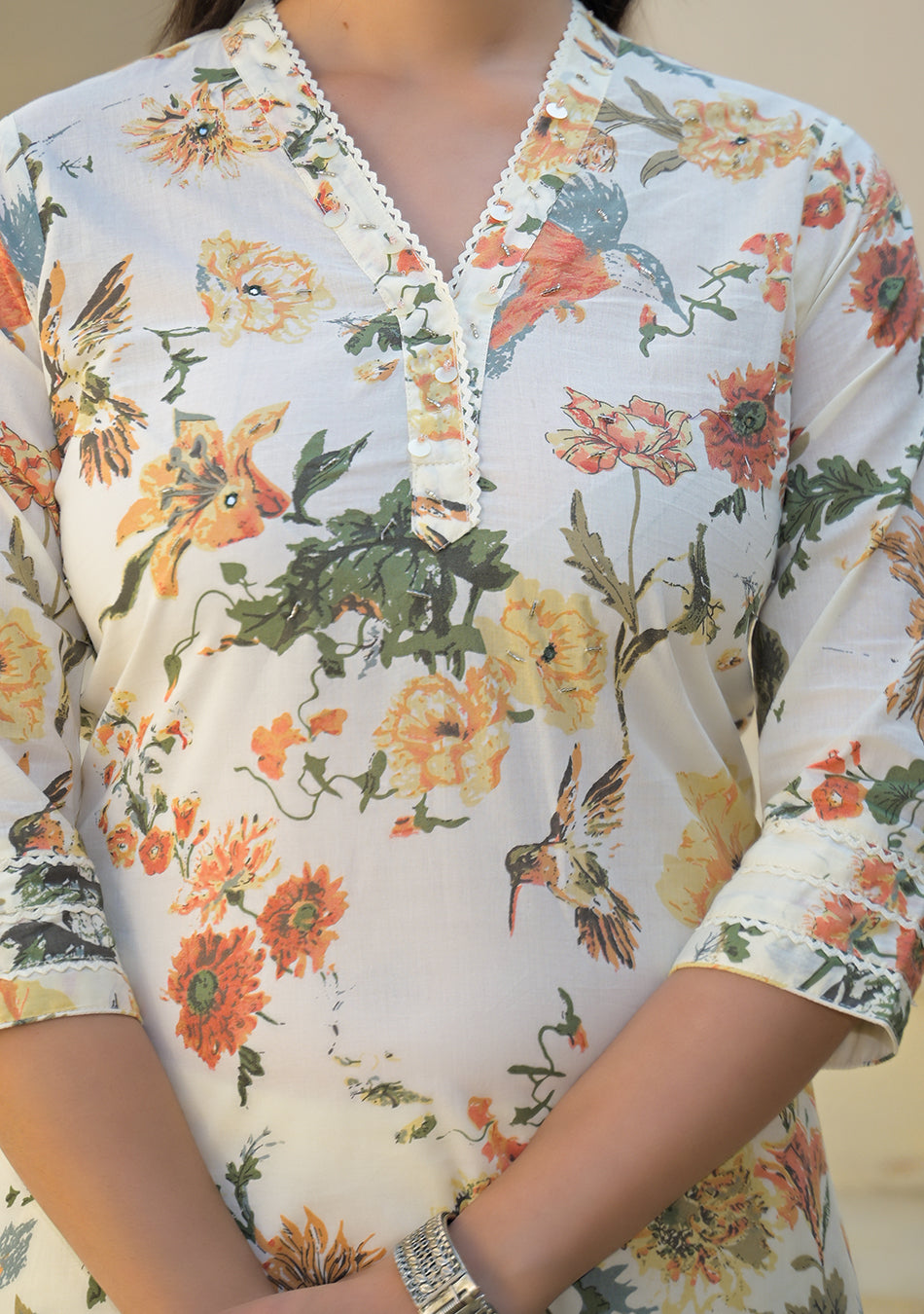 Cream Floral Printed Straight Cotton Kurta Set