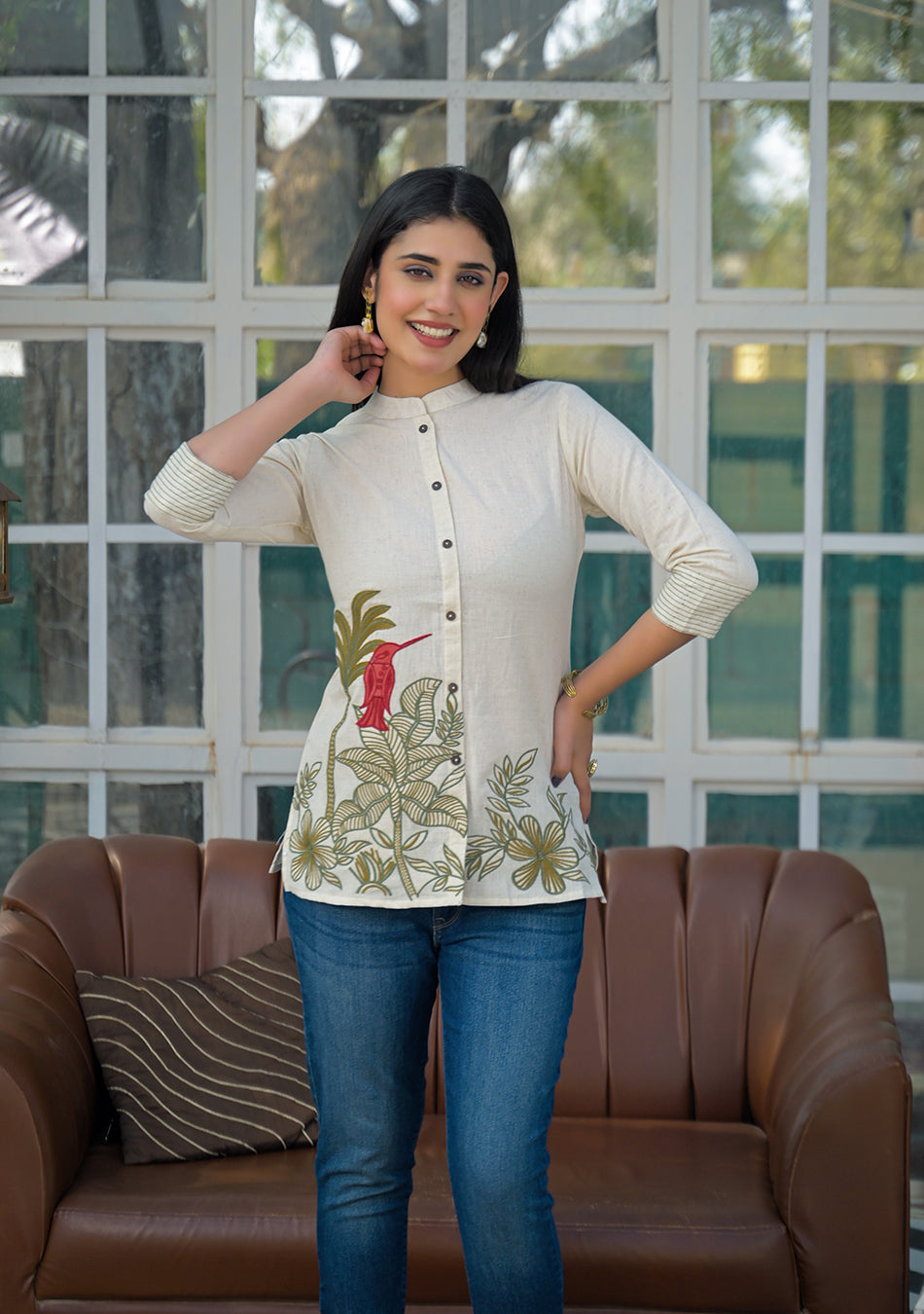 Aravalii Ivory Botanical Bird Embroidered Cotton Flex Top