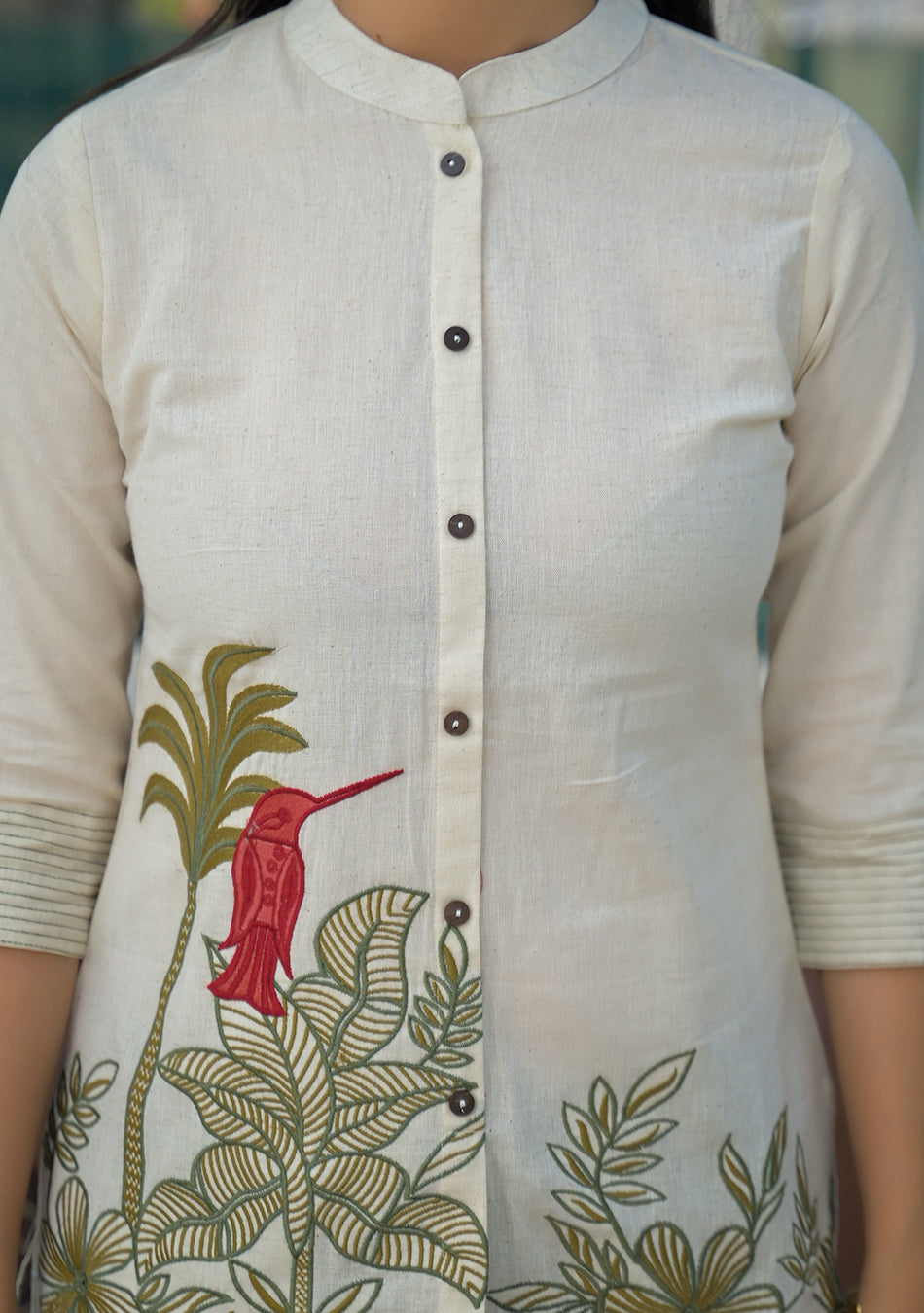 Aravalii Ivory Botanical Bird Embroidered Cotton Flex Top