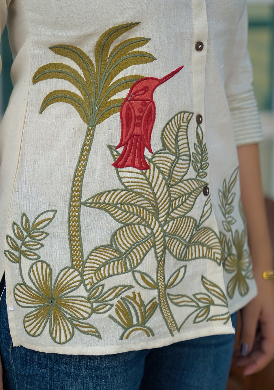 Aravalii Ivory Botanical Bird Embroidered Cotton Flex Top