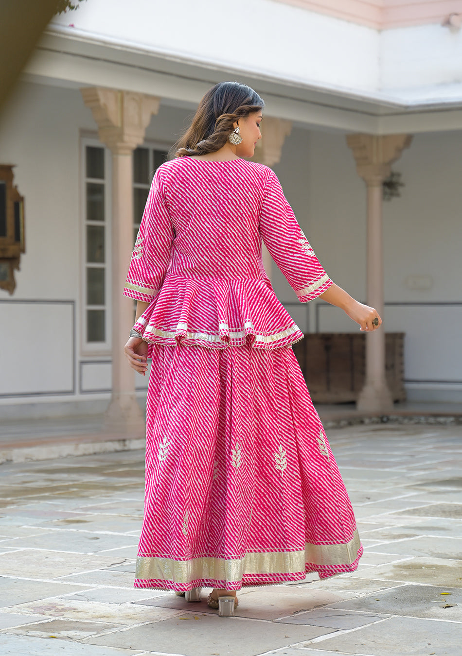 Aravalii Pink Lehriya Cotton Peplum Lehenga Set