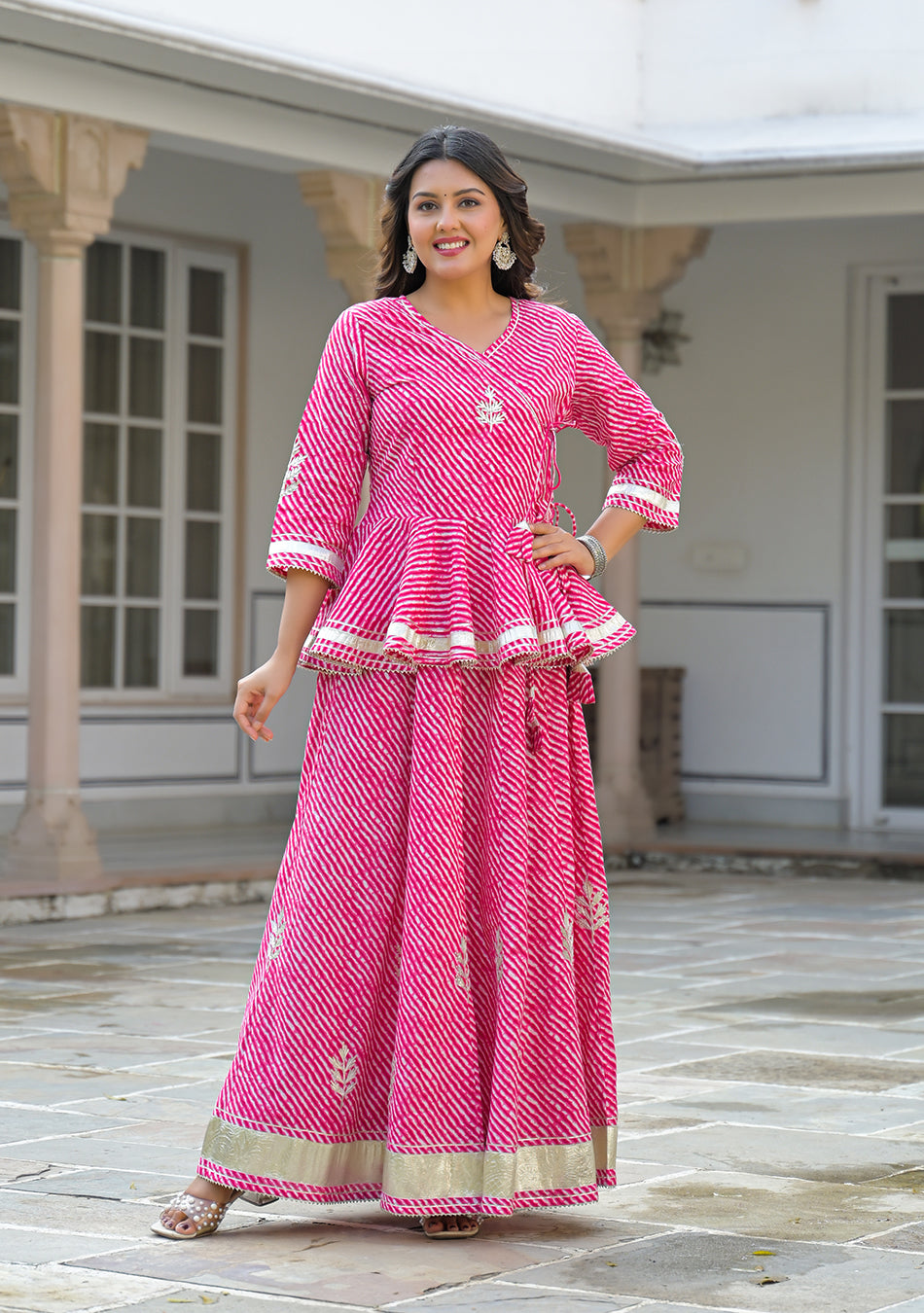Aravalii Pink Lehriya Cotton Peplum Lehenga Set
