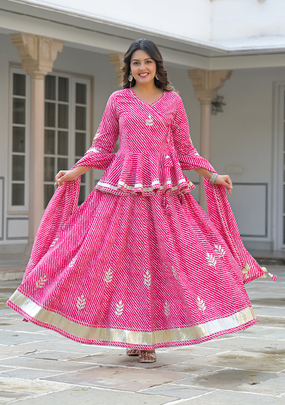 Aravalii Pink Lehriya Cotton Peplum Lehenga Set