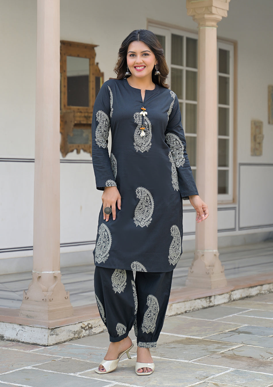 Black paisley Kurta and  Cuffed Hem Pant Set