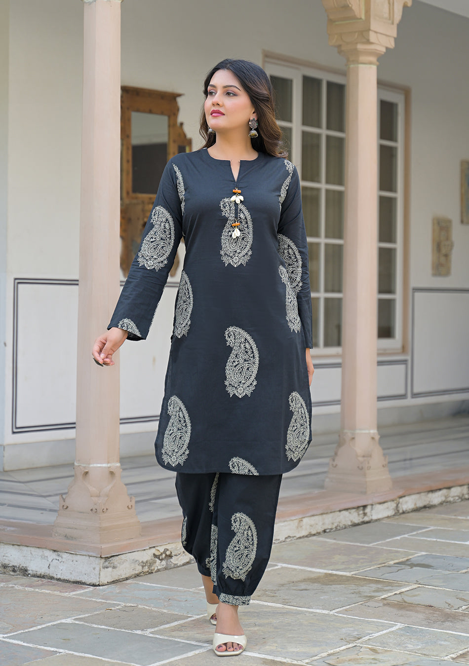 Black paisley Kurta and  Cuffed Hem Pant Set