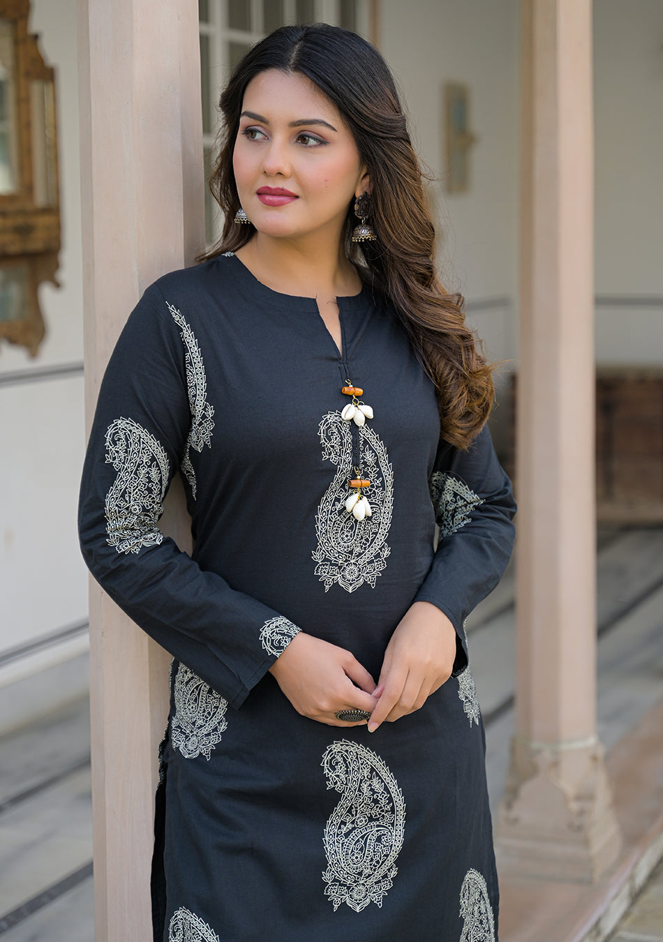 Black paisley Kurta and  Cuffed Hem Pant Set
