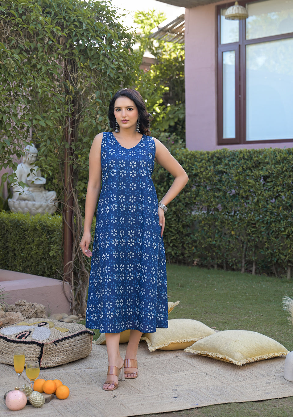 Indigo Floral Print Midi Dress