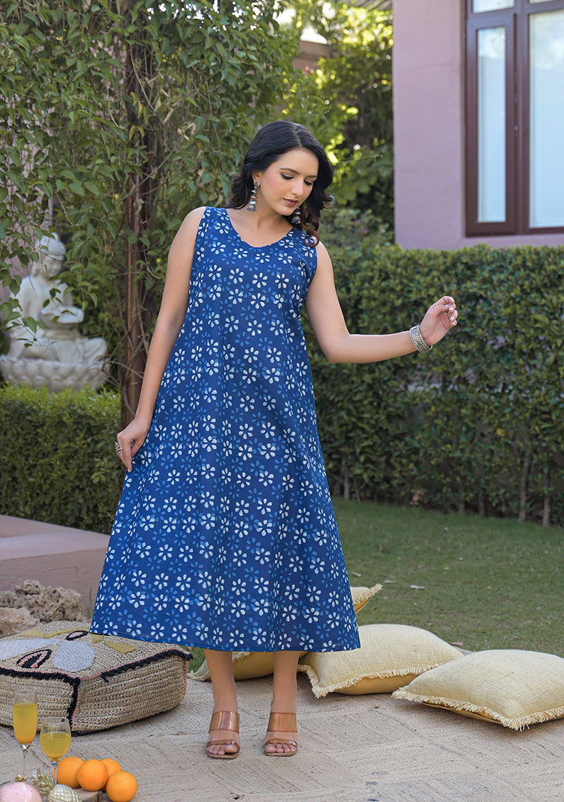 Indigo Floral Print Midi Dress