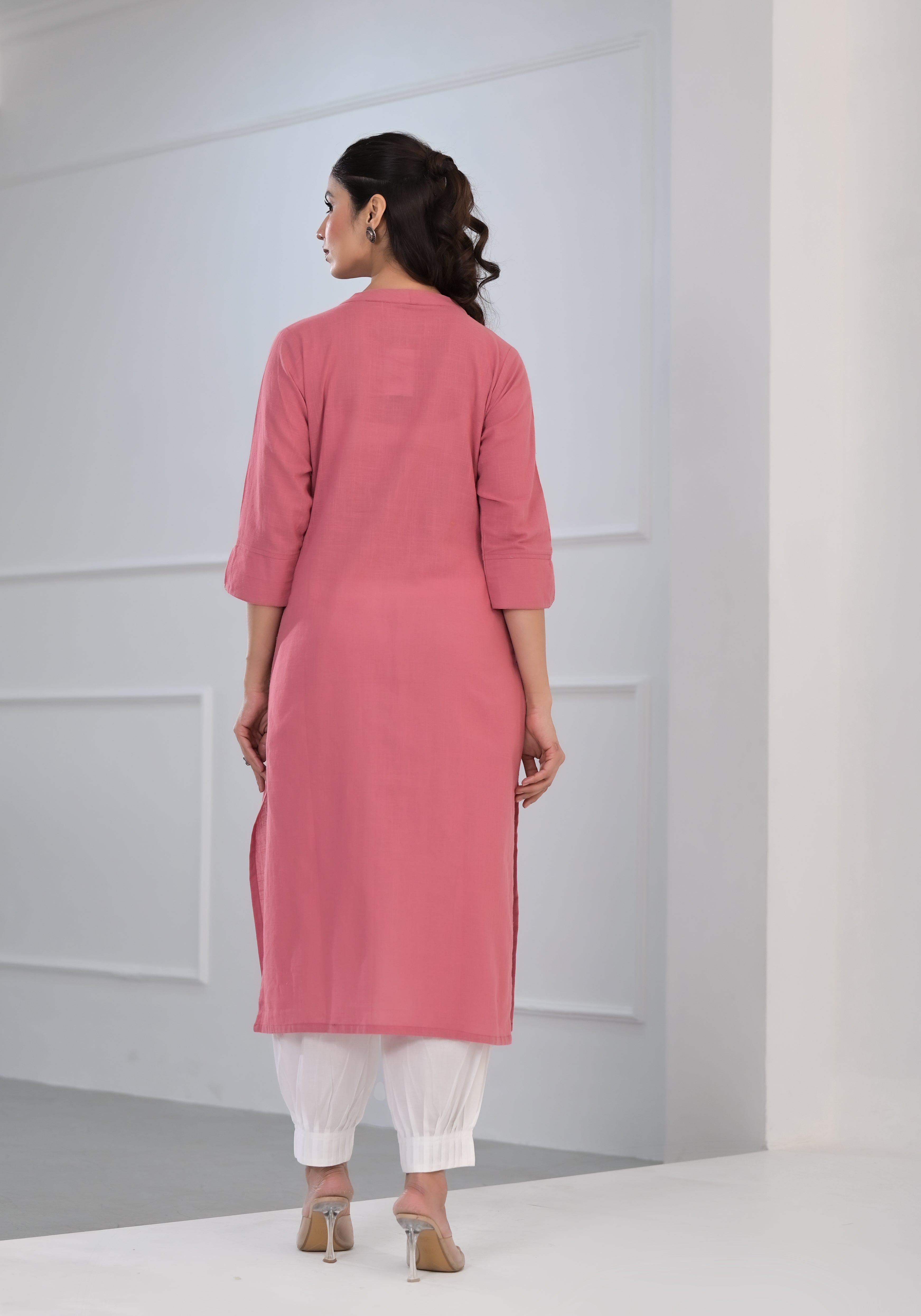 Pink Solid Cotton Kurta