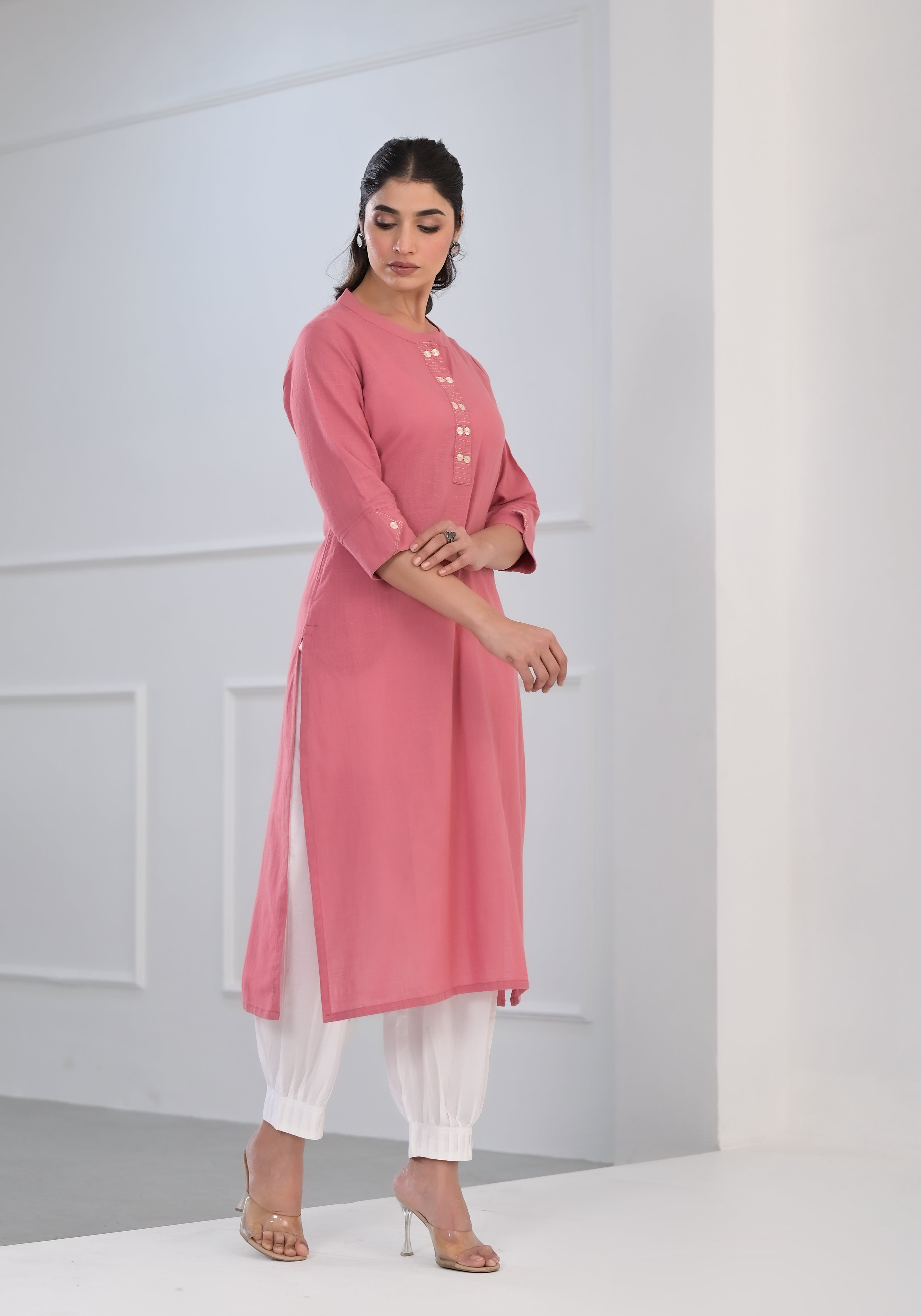 Pink Solid Cotton Kurta