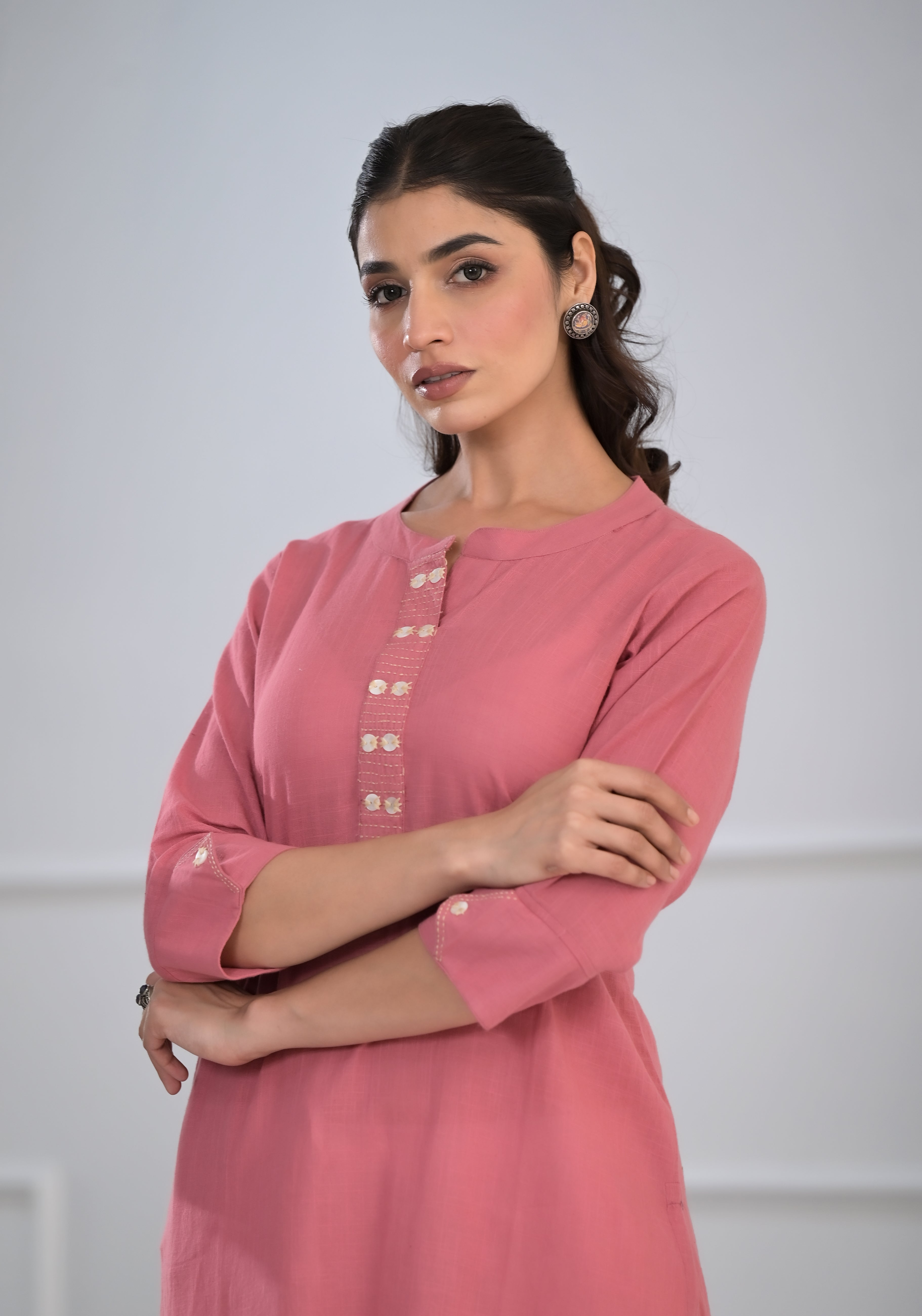 Pink Solid Cotton Kurta